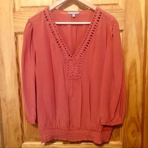 Daniel Rainn 100% Silk Coral Rose Banded Blouson 3/4 Sleeve Top Shirt Blouse XL